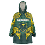 Custom Kangaroos Rugby Wearable Blanket Hoodie Polynesian Tribal Pattern Green Gold National Team