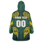 Custom Kangaroos Rugby Wearable Blanket Hoodie Polynesian Tribal Pattern Green Gold National Team