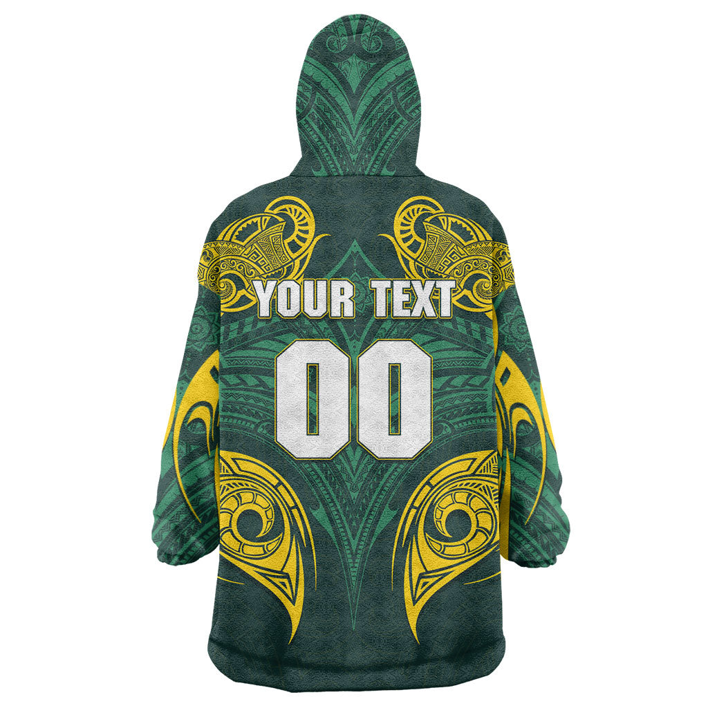 Custom Kangaroos Rugby Wearable Blanket Hoodie Polynesian Tribal Pattern Green Gold National Team