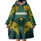 Custom Kangaroos Rugby Wearable Blanket Hoodie Polynesian Tribal Pattern Green Gold National Team