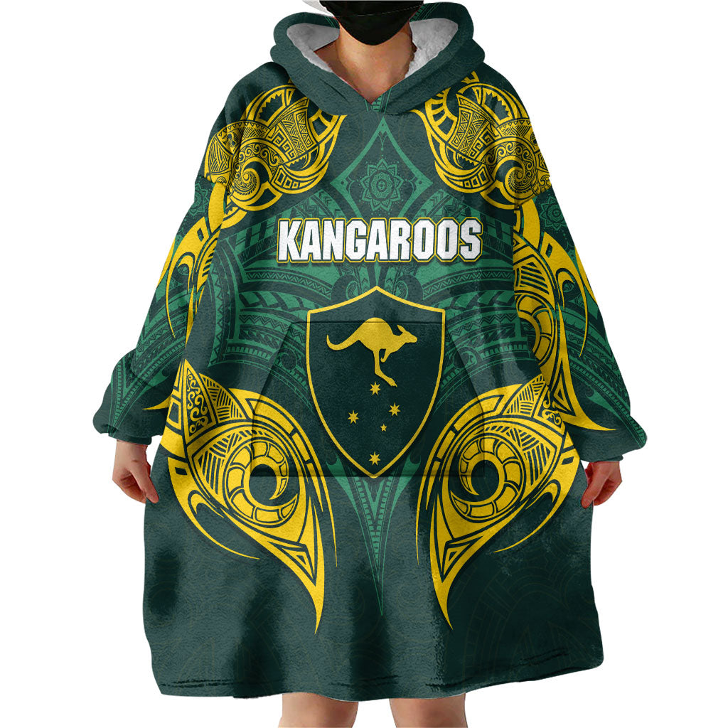 Custom Kangaroos Rugby Wearable Blanket Hoodie Polynesian Tribal Pattern Green Gold National Team