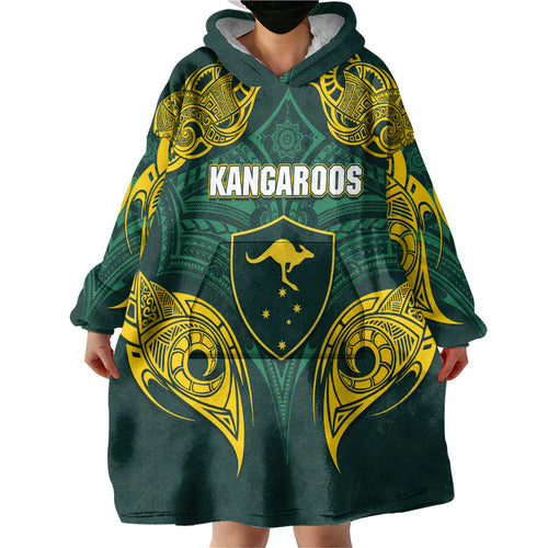Custom Kangaroos Rugby Wearable Blanket Hoodie Polynesian Tribal Pattern Green Gold National Team