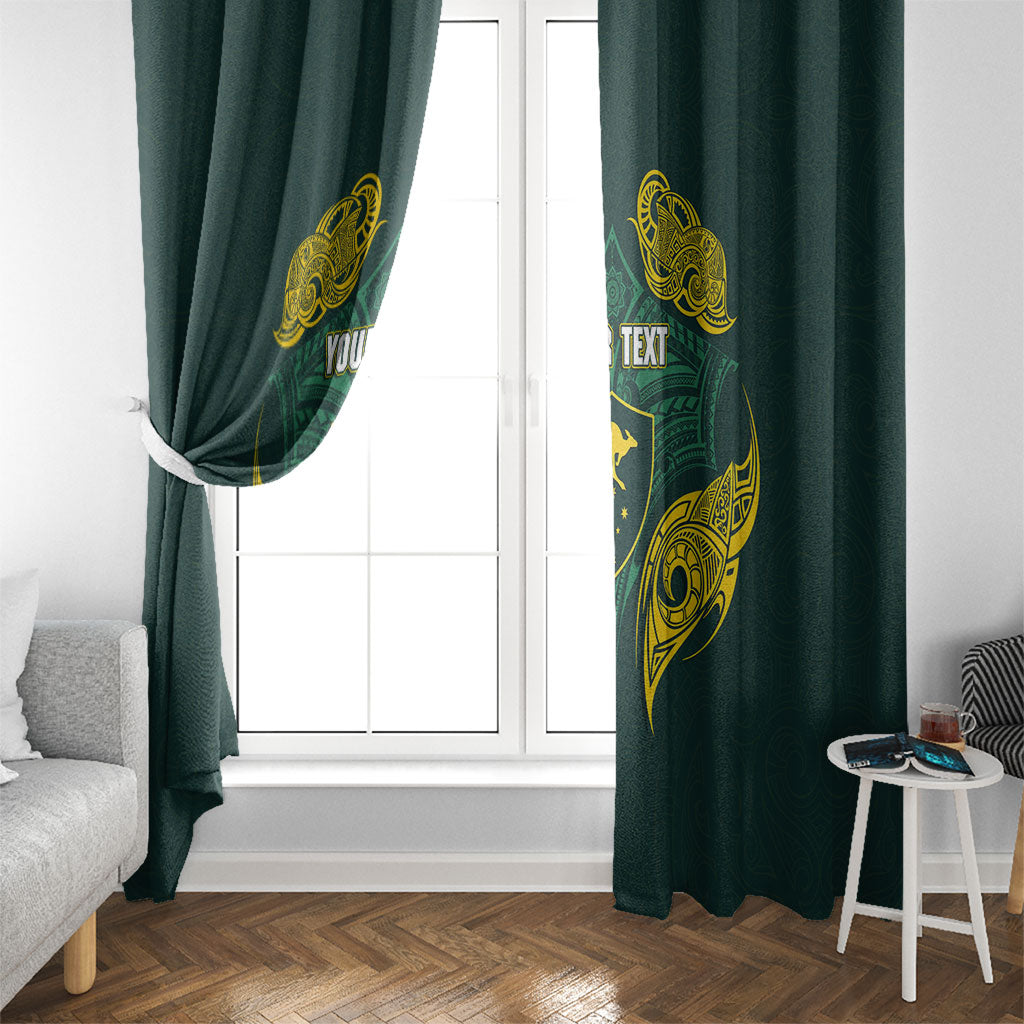 Custom Kangaroos Rugby Window Curtain Polynesian Tribal Pattern Green Gold National Team