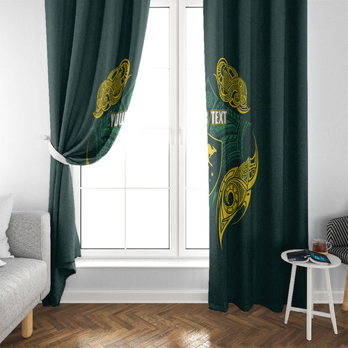 Custom Kangaroos Rugby Window Curtain Polynesian Tribal Pattern Green Gold National Team