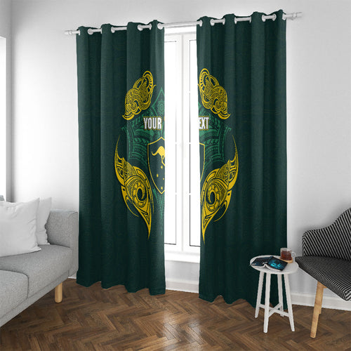 Custom Kangaroos Rugby Window Curtain Polynesian Tribal Pattern Green Gold National Team