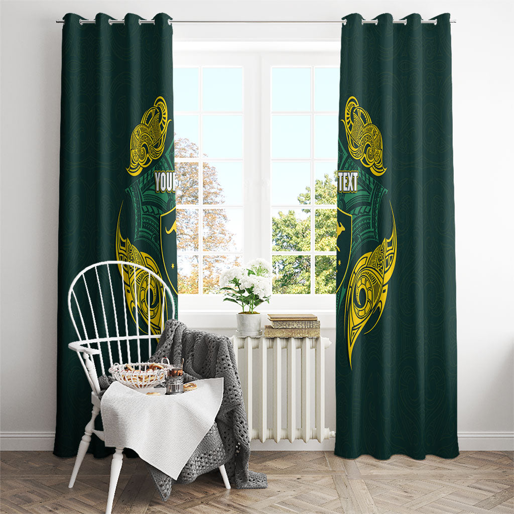 Custom Kangaroos Rugby Window Curtain Polynesian Tribal Pattern Green Gold National Team