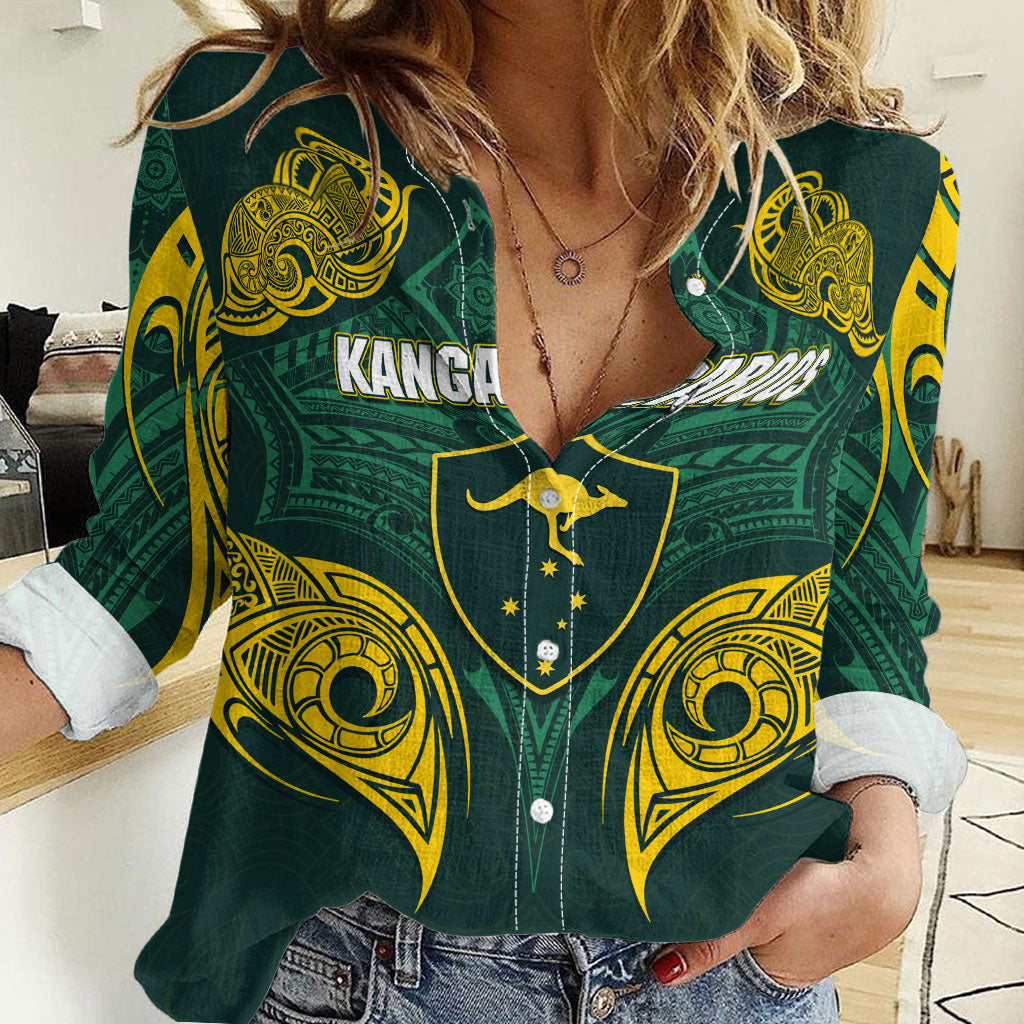 Custom Kangaroos Rugby Women Casual Shirt Polynesian Tribal Pattern Green Gold National Team