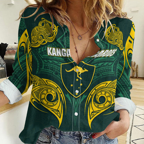 Custom Kangaroos Rugby Women Casual Shirt Polynesian Tribal Pattern Green Gold National Team
