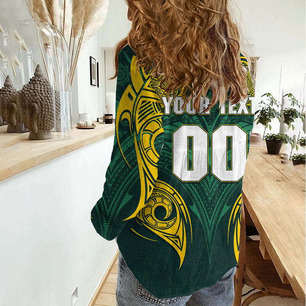 Custom Kangaroos Rugby Women Casual Shirt Polynesian Tribal Pattern Green Gold National Team