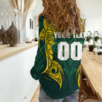 Custom Kangaroos Rugby Women Casual Shirt Polynesian Tribal Pattern Green Gold National Team