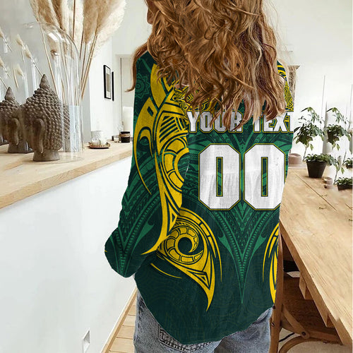 Custom Kangaroos Rugby Women Casual Shirt Polynesian Tribal Pattern Green Gold National Team