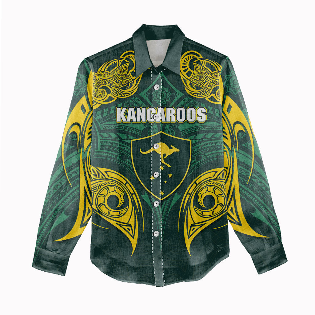 Custom Kangaroos Rugby Women Casual Shirt Polynesian Tribal Pattern Green Gold National Team