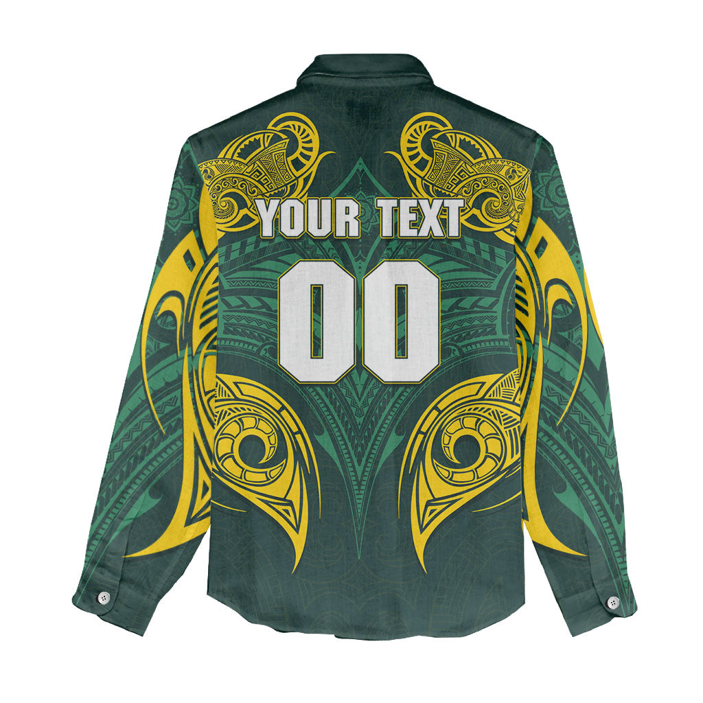 Custom Kangaroos Rugby Women Casual Shirt Polynesian Tribal Pattern Green Gold National Team