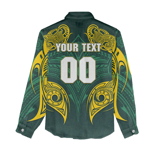 Custom Kangaroos Rugby Women Casual Shirt Polynesian Tribal Pattern Green Gold National Team