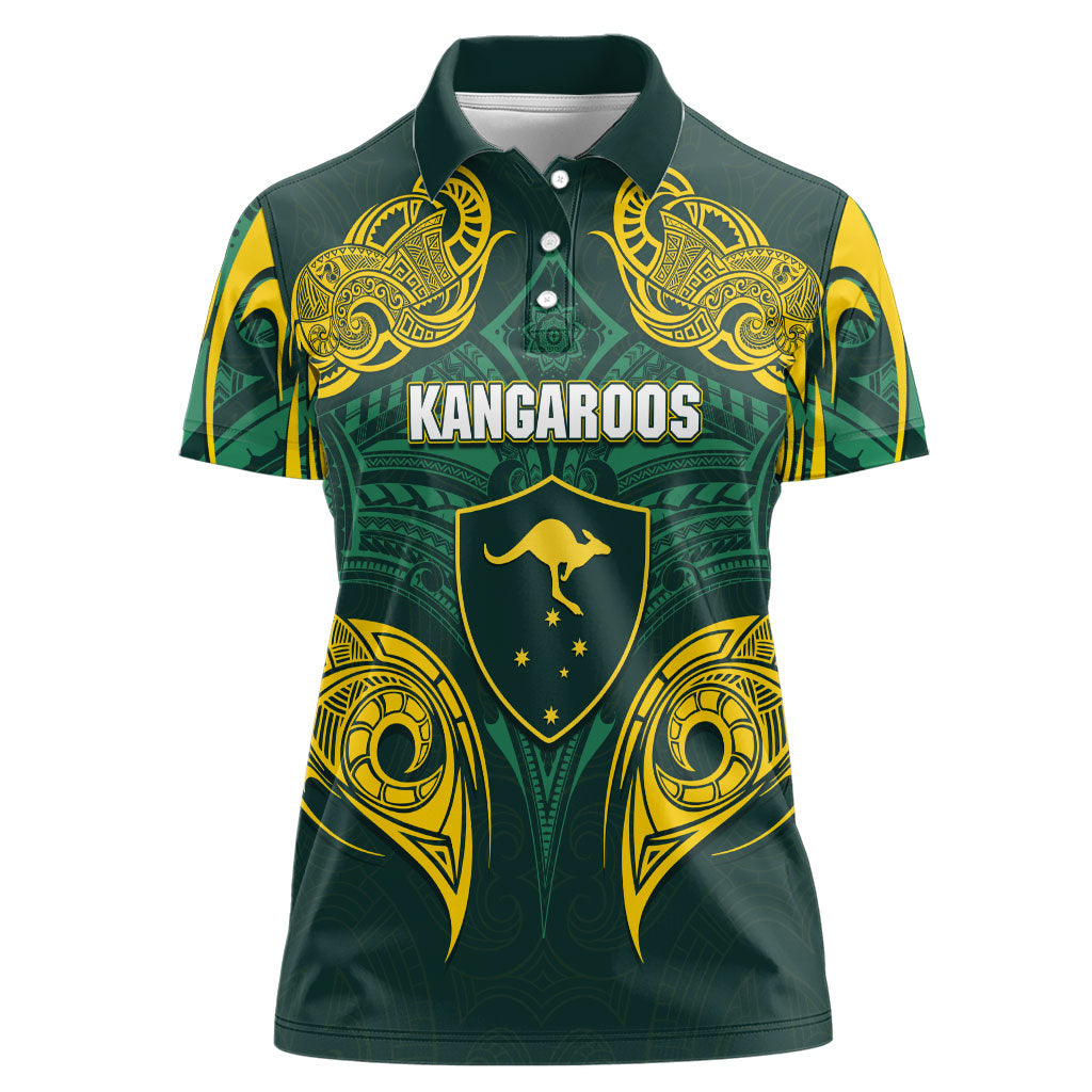 Custom Kangaroos Rugby Women Polo Shirt Polynesian Tribal Pattern Green Gold National Team