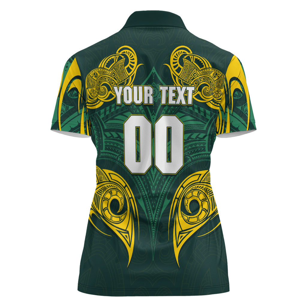 Custom Kangaroos Rugby Women Polo Shirt Polynesian Tribal Pattern Green Gold National Team