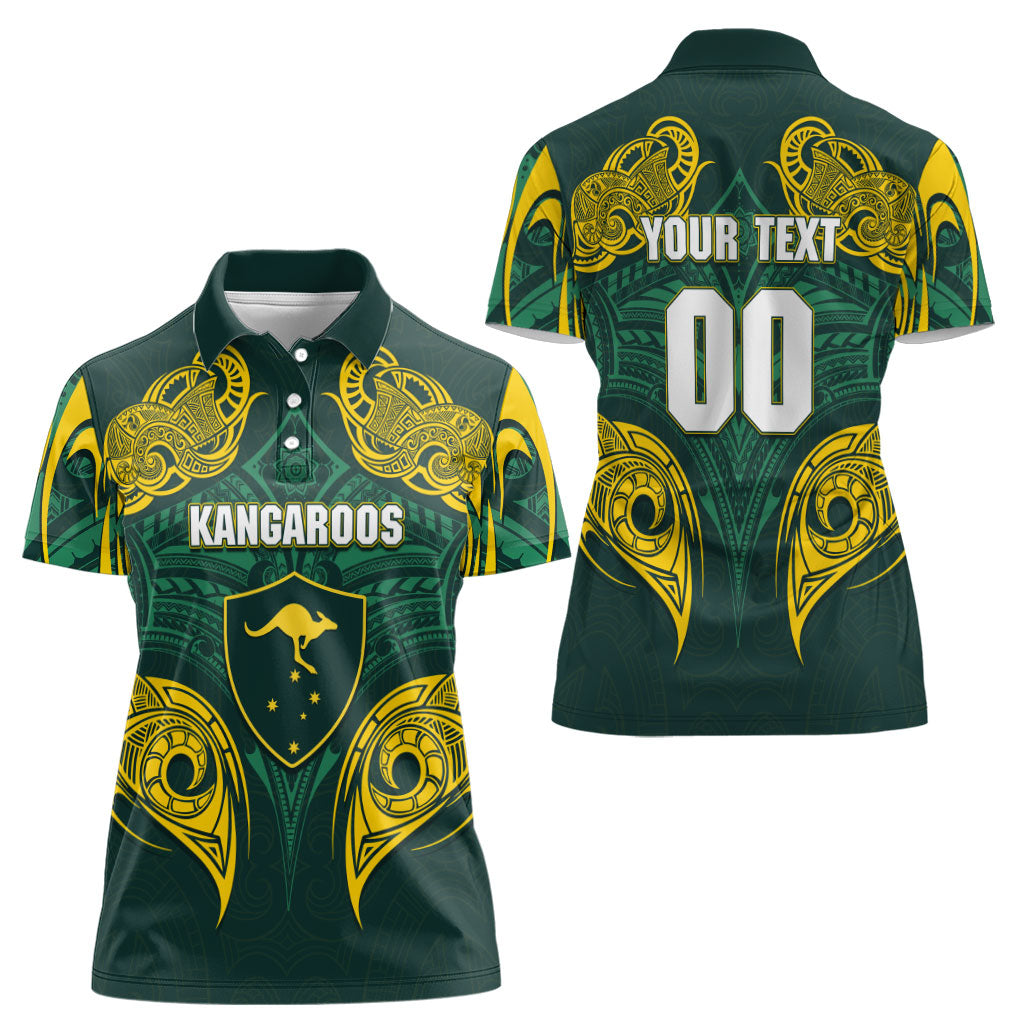 Custom Kangaroos Rugby Women Polo Shirt Polynesian Tribal Pattern Green Gold National Team