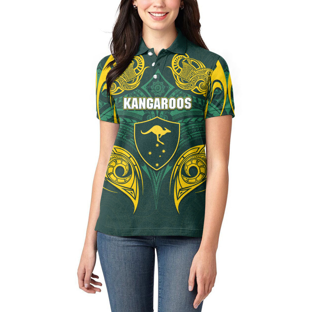 Custom Kangaroos Rugby Women Polo Shirt Polynesian Tribal Pattern Green Gold National Team