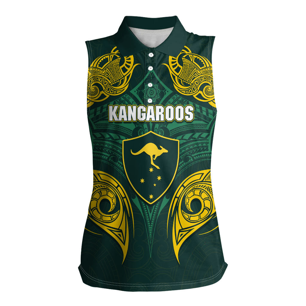 Custom Kangaroos Rugby Women Sleeveless Polo Shirt Polynesian Tribal Pattern Green Gold National Team