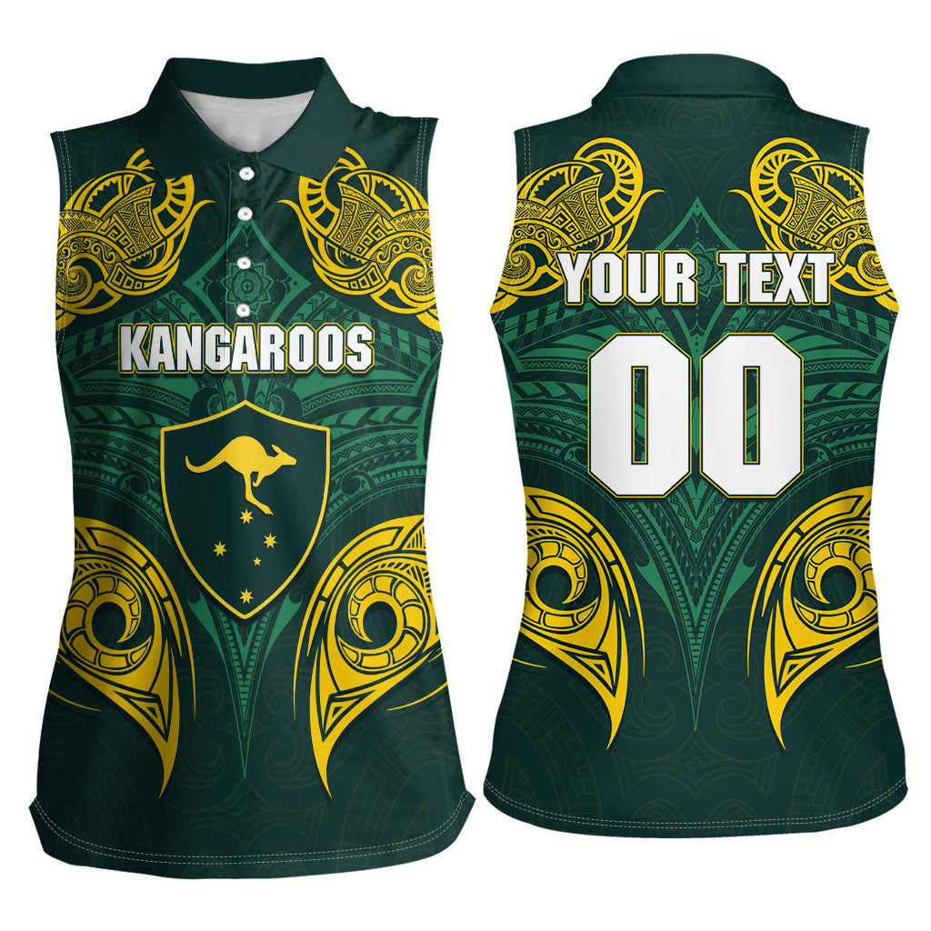 Custom Kangaroos Rugby Women Sleeveless Polo Shirt Polynesian Tribal Pattern Green Gold National Team
