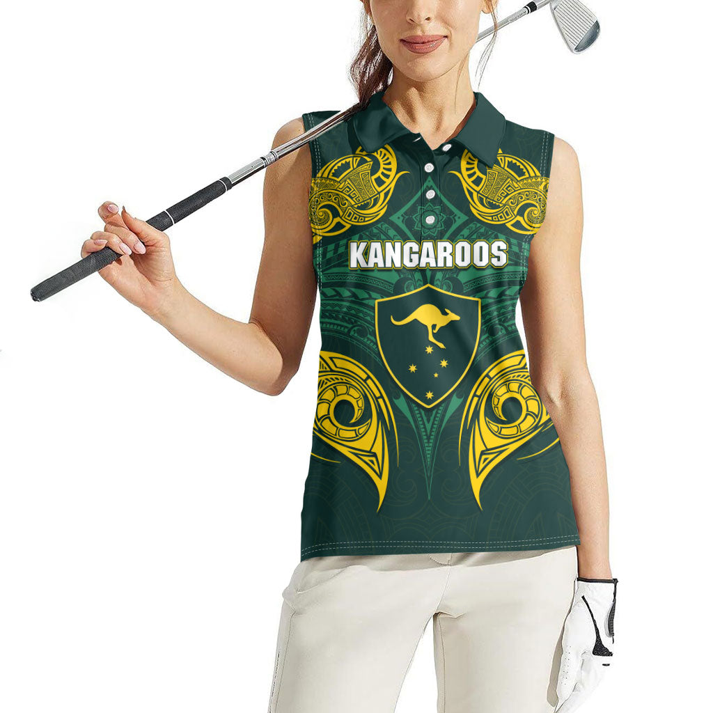 Custom Kangaroos Rugby Women Sleeveless Polo Shirt Polynesian Tribal Pattern Green Gold National Team