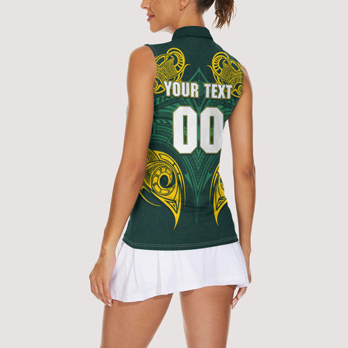 Custom Kangaroos Rugby Women Sleeveless Polo Shirt Polynesian Tribal Pattern Green Gold National Team