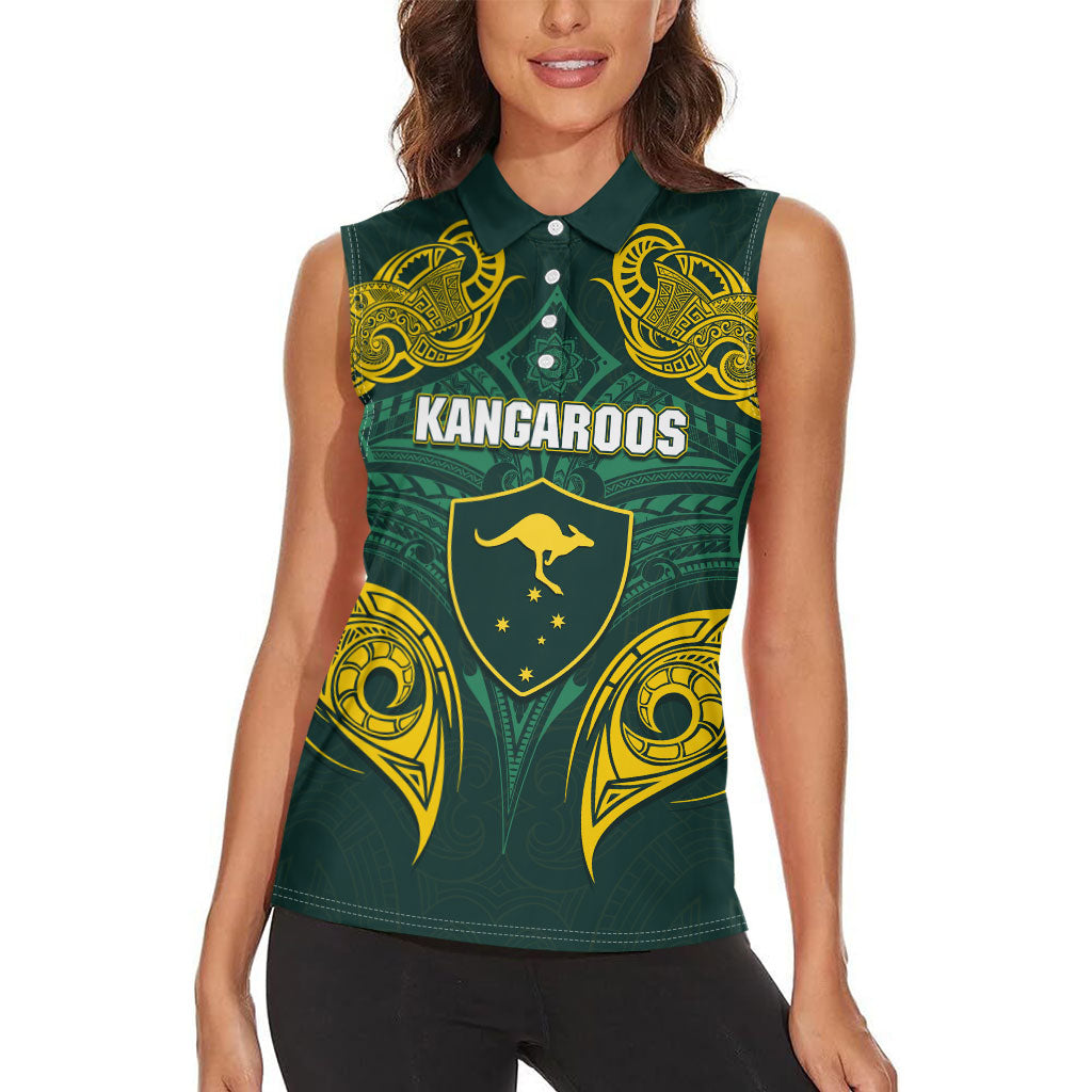 Custom Kangaroos Rugby Women Sleeveless Polo Shirt Polynesian Tribal Pattern Green Gold National Team
