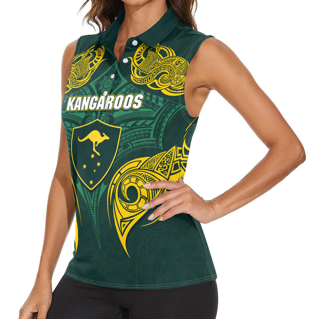 Custom Kangaroos Rugby Women Sleeveless Polo Shirt Polynesian Tribal Pattern Green Gold National Team