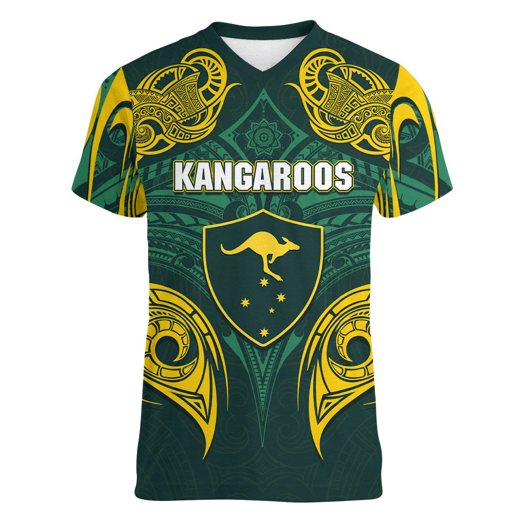 Custom Kangaroos Rugby Women V-Neck T-Shirt Polynesian Tribal Pattern Green Gold National Team