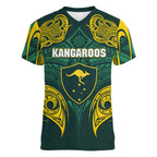 Custom Kangaroos Rugby Women V-Neck T-Shirt Polynesian Tribal Pattern Green Gold National Team