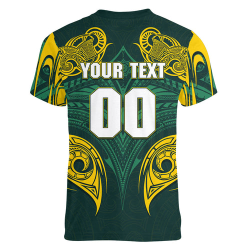 Custom Kangaroos Rugby Women V-Neck T-Shirt Polynesian Tribal Pattern Green Gold National Team