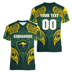 Custom Kangaroos Rugby Women V-Neck T-Shirt Polynesian Tribal Pattern Green Gold National Team