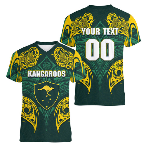 Custom Kangaroos Rugby Women V-Neck T-Shirt Polynesian Tribal Pattern Green Gold National Team