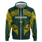 Custom Kangaroos Rugby Zip Hoodie Polynesian Tribal Pattern Green Gold National Team
