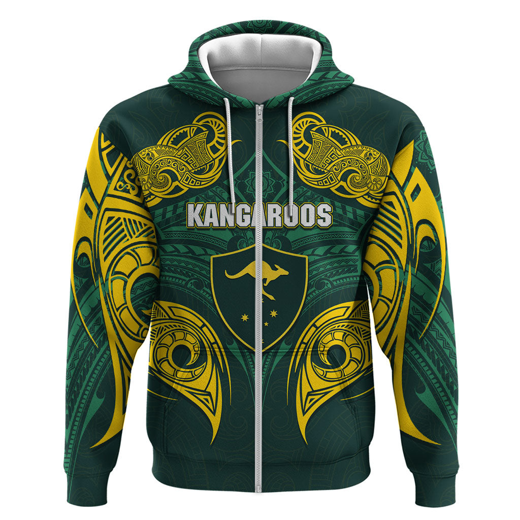 Custom Kangaroos Rugby Zip Hoodie Polynesian Tribal Pattern Green Gold National Team