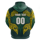 Custom Kangaroos Rugby Zip Hoodie Polynesian Tribal Pattern Green Gold National Team