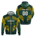 Custom Kangaroos Rugby Zip Hoodie Polynesian Tribal Pattern Green Gold National Team