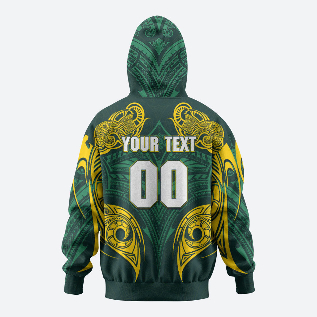 Custom Kangaroos Rugby Zip Hoodie Polynesian Tribal Pattern Green Gold National Team