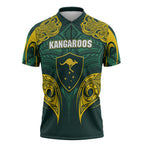 Custom Kangaroos Rugby Zipper Polo Shirt Polynesian Tribal Pattern Green Gold National Team
