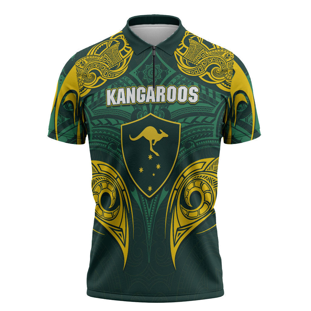 Custom Kangaroos Rugby Zipper Polo Shirt Polynesian Tribal Pattern Green Gold National Team