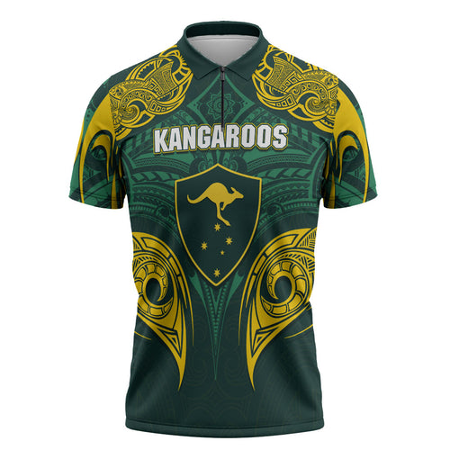 Custom Kangaroos Rugby Zipper Polo Shirt Polynesian Tribal Pattern Green Gold National Team