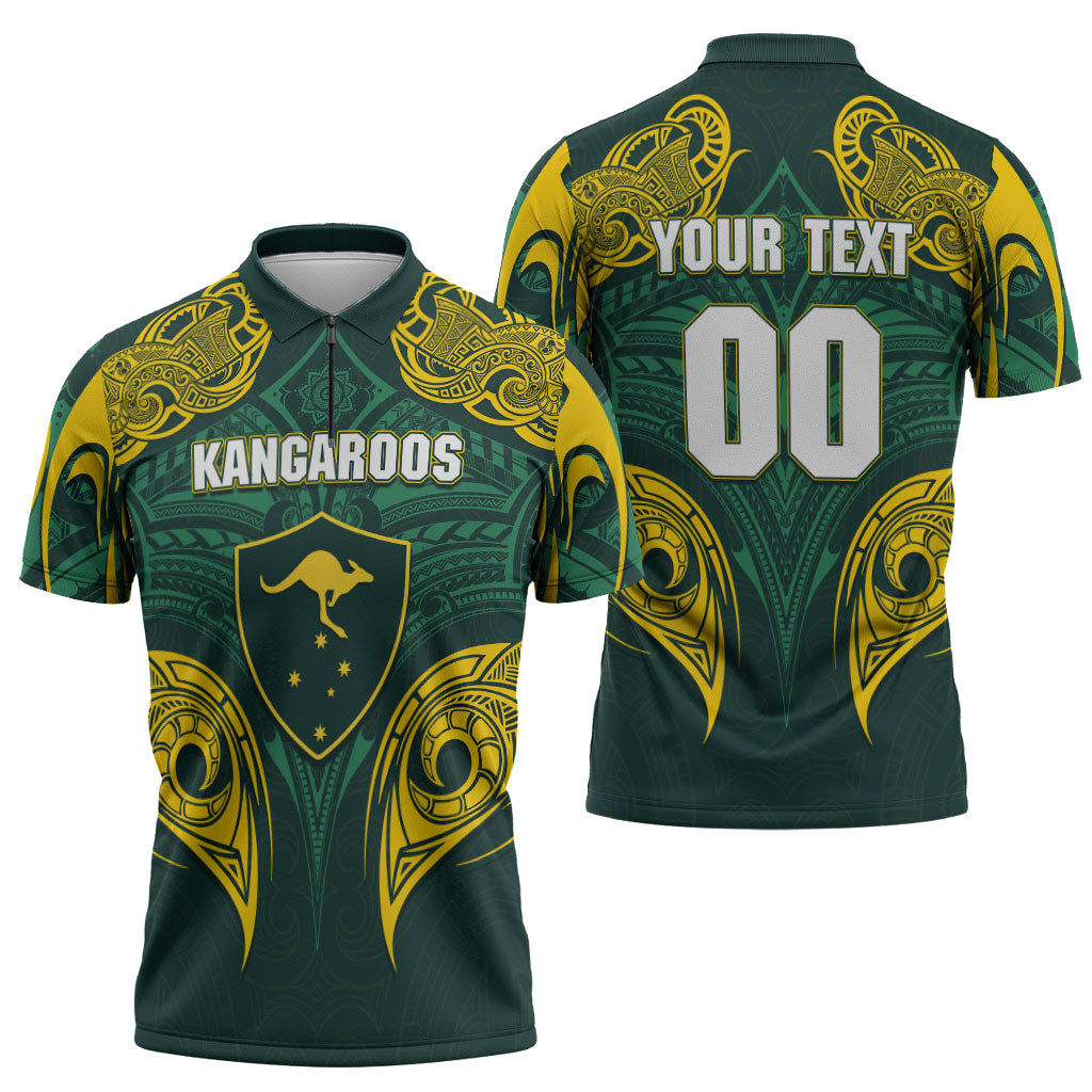 Custom Kangaroos Rugby Zipper Polo Shirt Polynesian Tribal Pattern Green Gold National Team