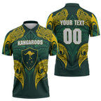 Custom Kangaroos Rugby Zipper Polo Shirt Polynesian Tribal Pattern Green Gold National Team