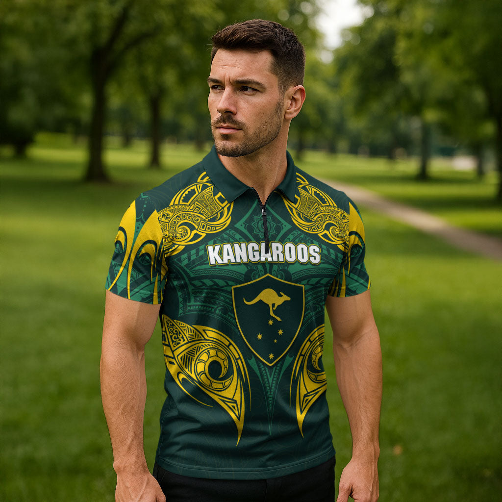 Custom Kangaroos Rugby Zipper Polo Shirt Polynesian Tribal Pattern Green Gold National Team