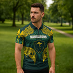 Custom Kangaroos Rugby Zipper Polo Shirt Polynesian Tribal Pattern Green Gold National Team