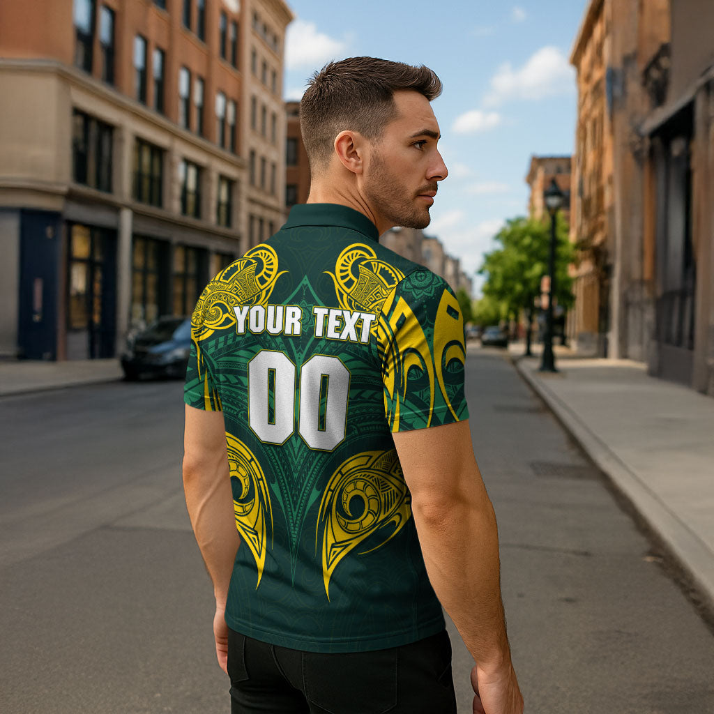 Custom Kangaroos Rugby Zipper Polo Shirt Polynesian Tribal Pattern Green Gold National Team