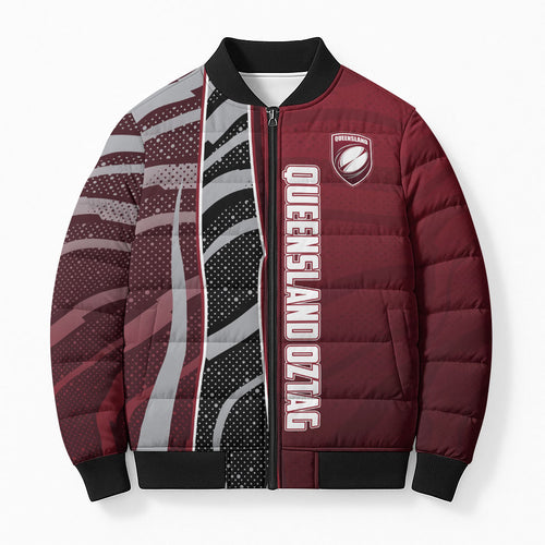 Personalized Queensland Oztag Bomber Puffer Jacket Abstract Wave And Dotted Pattern Sports