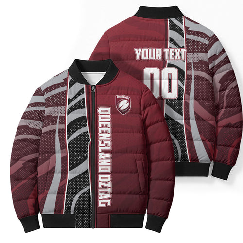 Personalized Queensland Oztag Bomber Puffer Jacket Abstract Wave And Dotted Pattern Sports