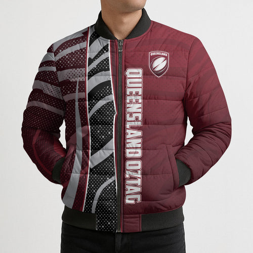 Personalized Queensland Oztag Bomber Puffer Jacket Abstract Wave And Dotted Pattern Sports