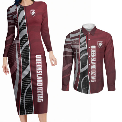 Personalized Queensland Oztag Couples Matching Long Sleeve Bodycon Dress and Long Sleeve Button Shirt Abstract Wave And Dotted Pattern Sports